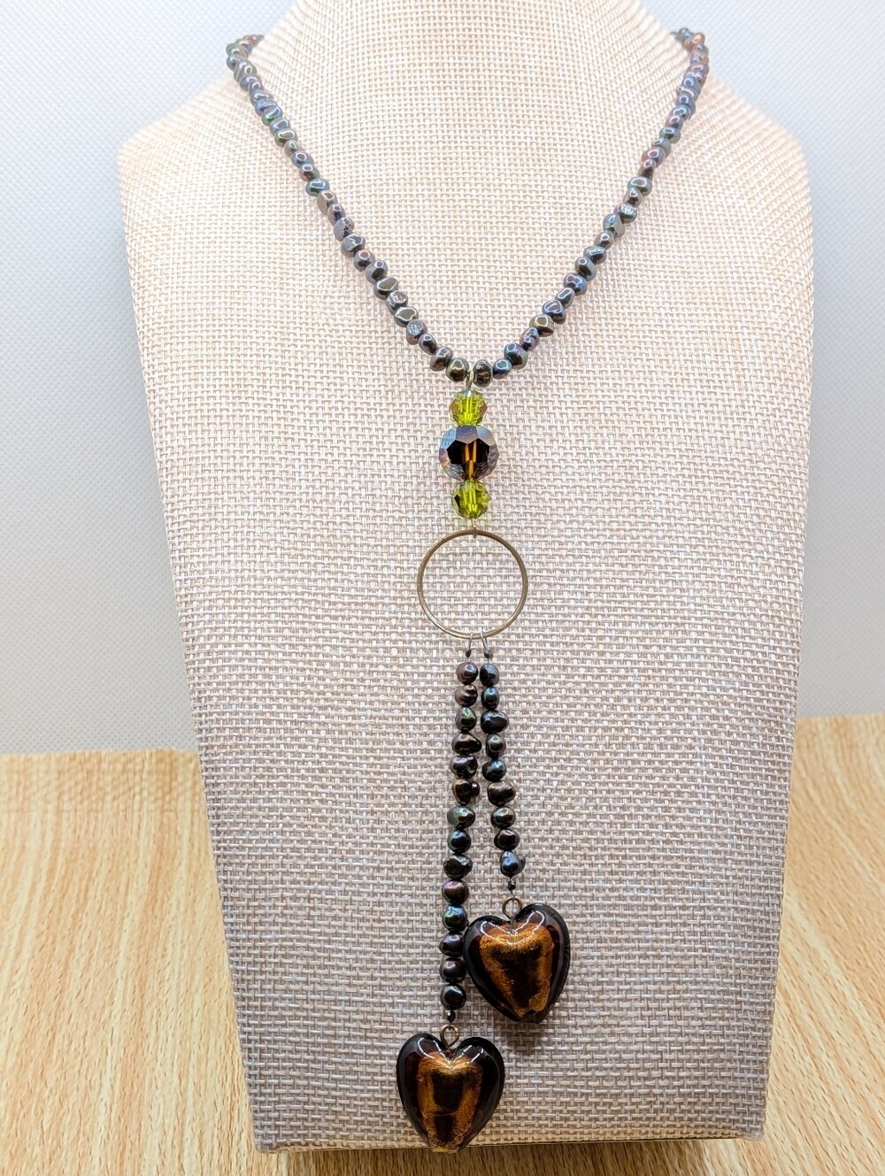 Handmade Brown and Black Beaded Heart Pendant Necklace